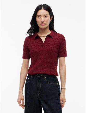 Tommy Hilfiger Womens Short-Sleeve Cable Knit Sweater Polo - Burgundy - XXL