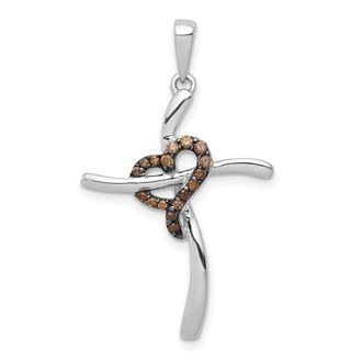 Diamond2Deal 14k White Gold 1/10 carat Champagne Diamond Heart Cross Pendant