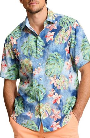 Tommy Bahama Nova Wave Mira Jungle Floral Short Sleeve Seersucker Button-Up Shirt in Bering Blue at Nordstrom, Size 3Xlt