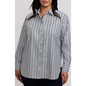 Foxcroft Meghan Stripe Cotton Button-Up Shirt in Olive Green/multi at Nordstrom, Size 1X