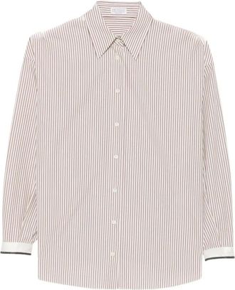 Brunello Cucinelli Camisa de Algod&oacute;n con Raya Vertical - Blouses & Shirts - Mujer - Marr&oacute;n - M