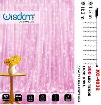 Trade Shop Trade Shop - Tenda Luminosa Natalizia 300led Luce Rosa Cavo Trasparente 8 Giochi Luce Xc-4832