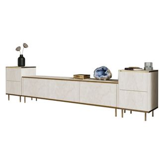 Dmora Mueble Para Tv Cortin, 2 Estantes, Apertura Abatible, 5 Puertas, 180x35x45h Cm Beige M&aacute;rmol