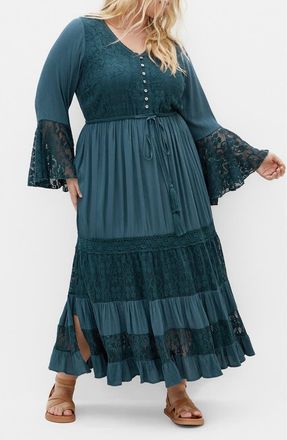 City Chic Dulce Lace Detail Long Sleeve Maxi Dress in Teal at Nordstrom, Size Xxs