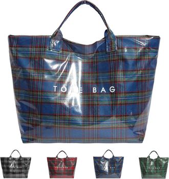 Generic Christmas Plaid PVC Tote Bag for Women,Spacious Letter Print Handbag with Top Handle, Shopping Work Handbag Gift (Blue)