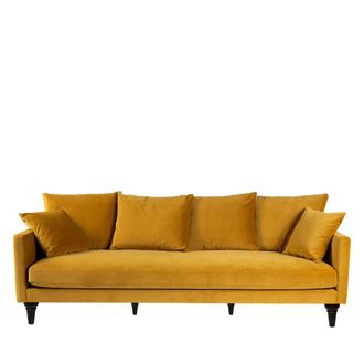 DRAWER Sof&aacute; de 4 plazas en terciopelo con patas torneadas - amarillo mostaza