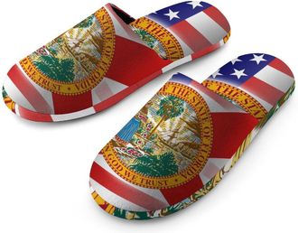 Generic Waving U.S.A And Florida State Flag Mens Slippers Flannel Warm House Shoes with Rubber Anti-Slip Sole Slip On for Home Outdoor