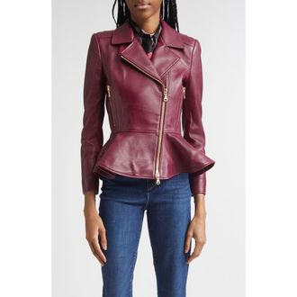 L'agence Lyric Leather Peplum Biker Jacket in Rhododendron at Nordstrom, Size X-Small