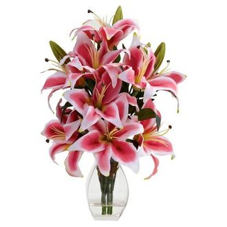 Nearly Natural Rubrum Lily with Decorative Vase in Pink/white/green at Nordstrom