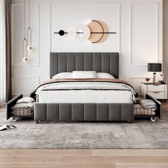 Matteo Double Velvet Upholstered Bed Frame - 4 Drawers, Adjustable Headboard in Grey