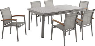 Vente-Unique Comedor de jard&iacute;n de aluminio: una mesa extensible L.180/240cm y 6 sillas apilables con reposabrazos de acacia - Gris topo - NAURU de MYLIA