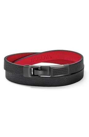 Bulova Stainless Steel Leather Bracelet in Black/red at Nordstrom Rack, Size Medium