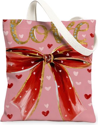 Generic ValentineS Day Peach Canvas Tote Bags, Love Theme Bow Design Reusable Shopping Bags, Lightweight Washable Shoulder Strap C, Peach, 13x15 Inch