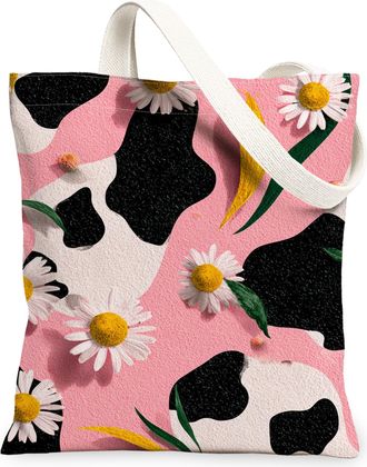 Generic Floral Canvas Tote Bags, Cow Print Design Lightweight Reusable Grocery Bags, Summer Vintage Chic Washable Shoulder Strap Ca, Peach, 13x15 Inch