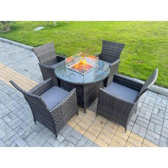 Fimous Rattan Garden Furniture Set Round 100cm Gas Firepit Table & 4 Chairs in Dark Grey