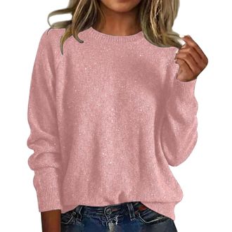 Generic Glitter Pullover Womens Winter Elegant Winter JumperWarm Knitted Long Sleeve Crew Neck Sweaters Classic Solid Pullover Thick Fashion Warm Sweater Top 