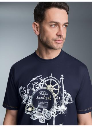 Trigema T-Shirt TRIGEMA TRIGEMA T-Shirt mit maritimem Printmotiv, Herren, Gr. M, blau (navy), Single Jersey, 100% Baumwolle, Basic, Rundhals, Shirts T-Shirt