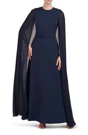 Kay Unger Freya Belted Cape Gown in Dark Navy at Nordstrom, Size 6