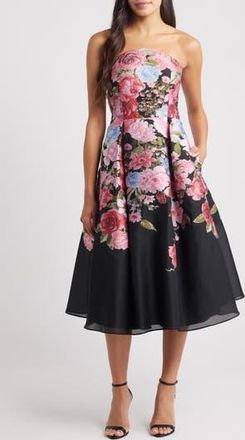 Eliza J Pleated Strapless Jacquard Cocktail Dress in Black Multi at Nordstrom Rack, Size 10
