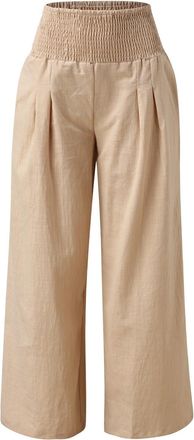 Generic Womens Linen Pants 2025 Summer Casual Loose Wide Leg Palazzo Pants Smocked High Waist Flowy Beach Trousers with Pockets Khaki Medium