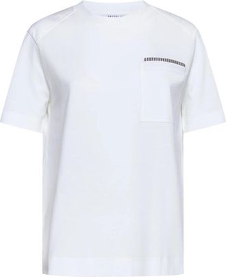 Brunello Cucinelli Katoenen T-shirt met Monile Versiering - Dames - T-shirts - Wit - L - Katoen - Tops