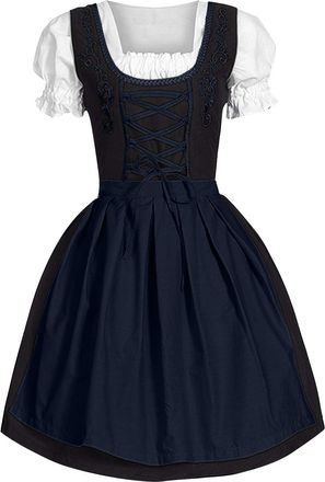 Generic Womens Oktoberfest Outfit German Dirndl Dress Traditional Bavarian Costume 3Piece Plaid Dress with Apron Puff Sleeve Oktoberfest Outfit Ladies Fancy M