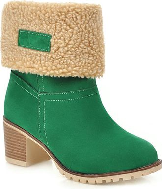 Generic Womens Mid Block Heel Short Boots Pull on Fold-Over Winter Boots Round Toe Faux Suede Platform Boot,Green,4.5 UK
