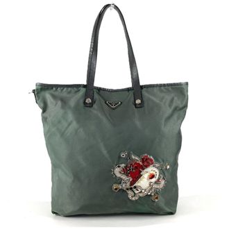 Prada Gray Nylon Leather Shoulder Bag Tote Bag (Pre-Owned)