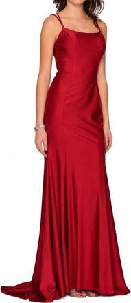 Dave & Johnny Laced-Up Back Long Satin Evening Gown In Raspberry
