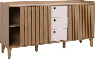 Hhg Hhg - Nunca Usado] Aparador 417, Cajonera, Compartimento De Almacenamiento Con Puerta Corredera, Mdf 81x150x40cm, Natural, Cajones Blancos