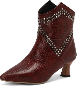 Generic Womens Studded Mid-Calf Cowboy Boots,Kitten Heel Western Style,Comfortable and Stylish,Burgundy,6.5 UK