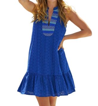 Cabana Life Embroidered Eyelet Halter Dress In Navy