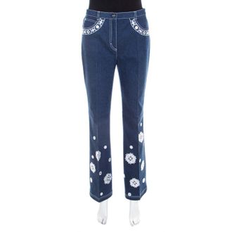 Escada Dark Blue Cotton Stretch Denim Embroidered Floral Motif Flared Jeans