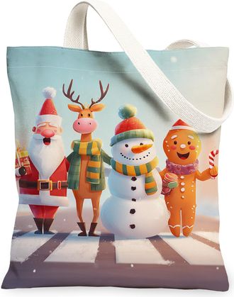 Generic Christmas Canvas Tote Bags, Holiday Characters Pattern Reusable Grocery Bags, Winter Playful Lightweight Washable Shoulder, Multicolor, 13x15 Inch