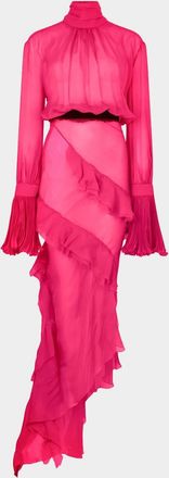 Roberto Cavalli Turtleneck Ruffle Silk Chiffon Asymmetric Midi Dress
