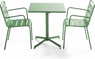 Oviala Conjunto mesa de jard&iacute;n cuadrada y 2 sillas de metal verde cactus