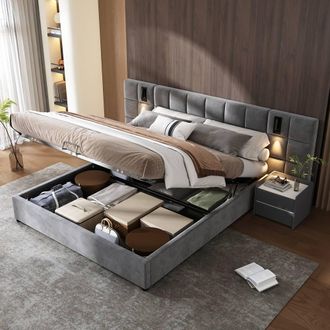 Matteo Velvet Double Bed with Hydraulic Storage, Lamp & USB - Grey