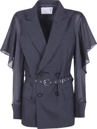 sacai Gestreepte Blazer met Riem - Dames - Jassen - Zwart - Maat: L Wol