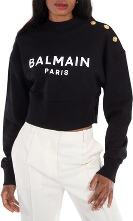 Balmain Cropped Sweatshirt With Balmain Paris Print, Size X-Small