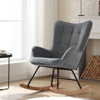 Woltu Woltu Mecedora, C&oacute;moda Mecedora De Franela Con Reposabrazos Y Respaldo Alto, Base De Metal Y Madera Maciza, Estilo Escandinavo, Gris Oscuro
