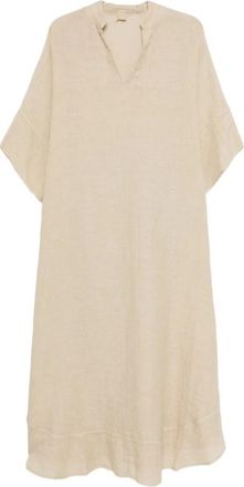 120% Lino V-hals Kaftan Jurk - Dames - Casual kleedjes - Beige - M - Linnen - Kleedjes