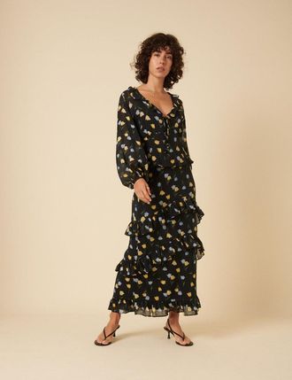 Nobody's Child Black Floral Ruffle Tiered Midi Skirt