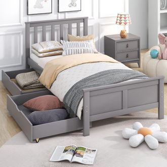 Aka 3ft Single Wooden Solid White Pine Storage Bed with Drawers Bed in Grey