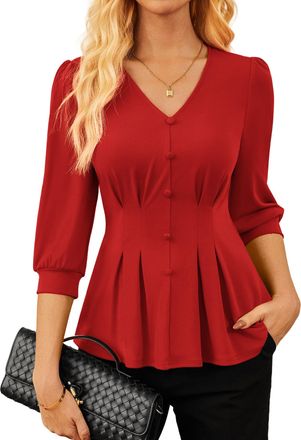 Grace Karin Womens Casual Business Blouse Button-Down Classic Cute Ruffled Top Bright Red 2XL