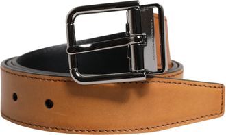 Dolce & Gabbana Brown Classic Calf Leather Silver Buckle Mens Belt