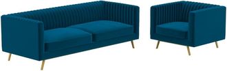 Rendez-Vous D&eacute;co Conjunto de sof&aacute; y sill&oacute;n de terciopelo azul de 3 plazas