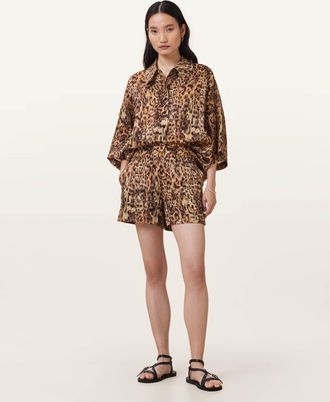 AllSaints Linen Charli Leopard Print Shorts, Size: UK 16/US 12