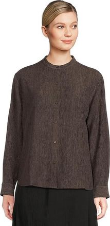 Eileen Fisher Woven Plisse Mandarin Collar Shirt Womens Clothing Rye : XL, Down/Polyester/Spandex