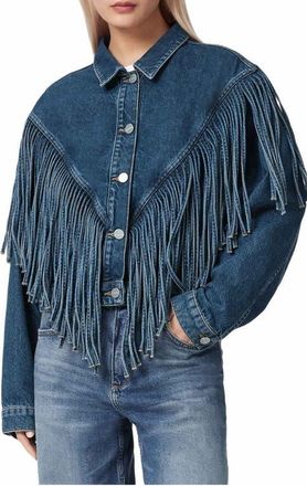 AllSaints Marlene Fringe Trim Denim Jacket in Dark Indigo at Nordstrom, Size 10 Us
