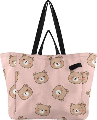 Generic Bear Red pattern Reusable Canvas Tote Bag, Heavy Duty Grocery Shopping Bag with Hard Bottom Large Capacity Double Handles Work Groceries Travel